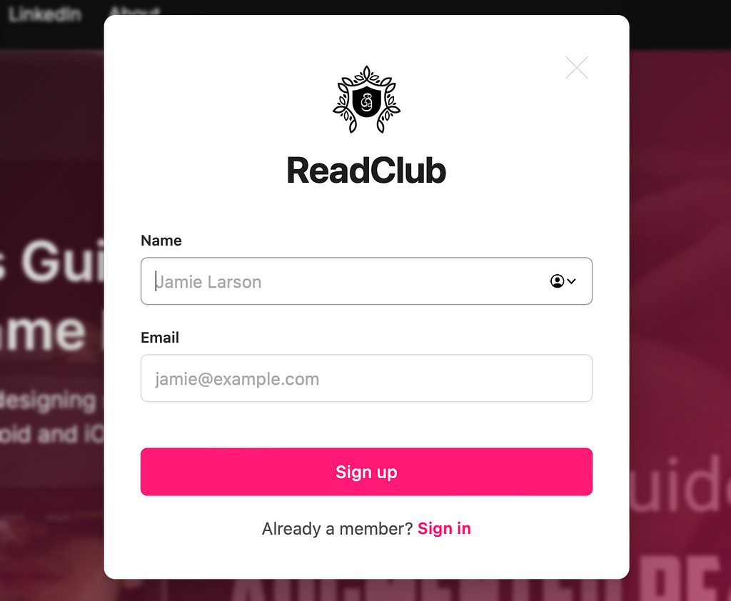 a screenshot showing sign up window