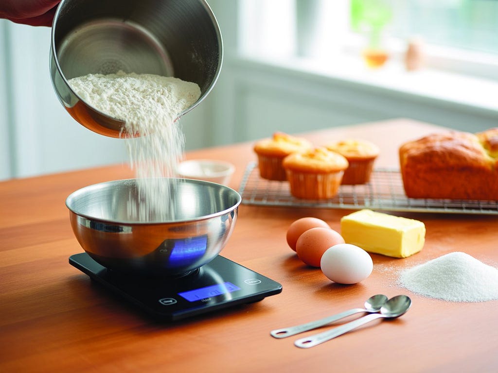 Digital kitchen scale for baking on a countertop with flour, eggs, and butter, surrounded by fresh baked cupcakes and bread in a modern kitchen.