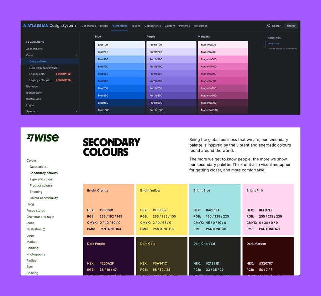 Screenshot of the secondary colors of Atlassian Design and Wise Design