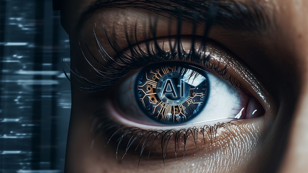 An ultra realistic eye contains interconnecting circuits and the letters AI.