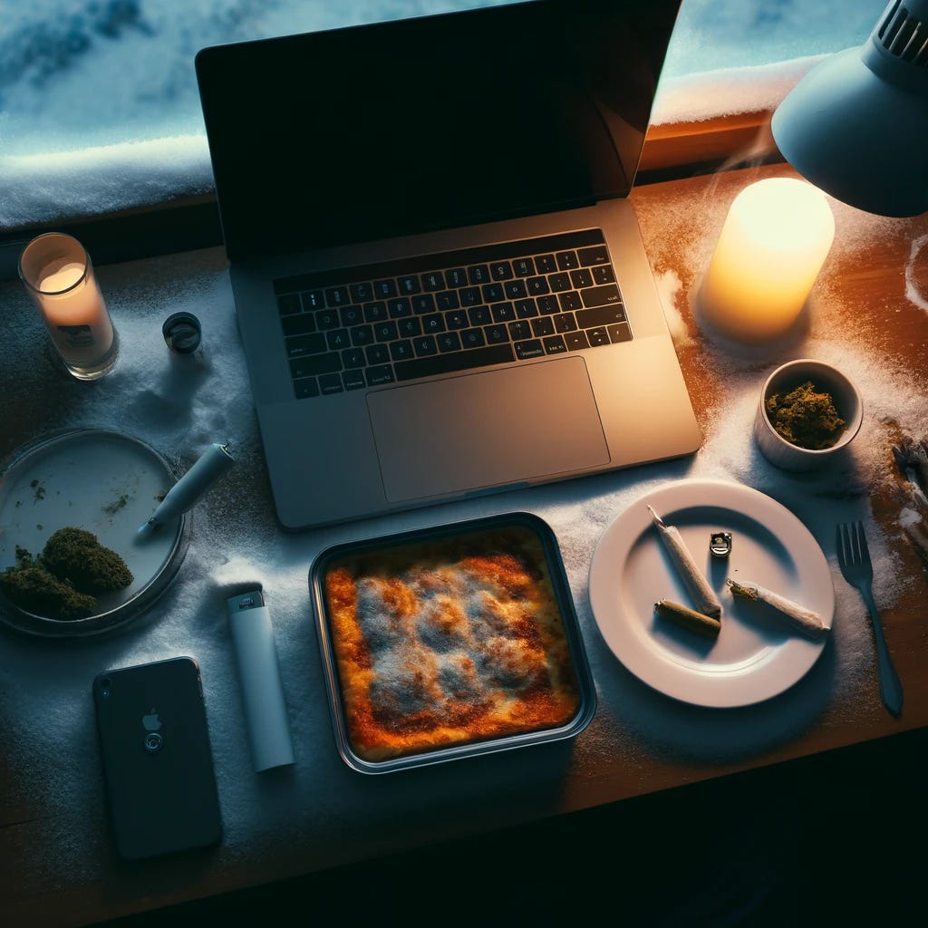A desk during dusk on a cold winter’s day with a MacBook laptop, some herbs, and a plate of lasagna. The lighting is soft and dim.