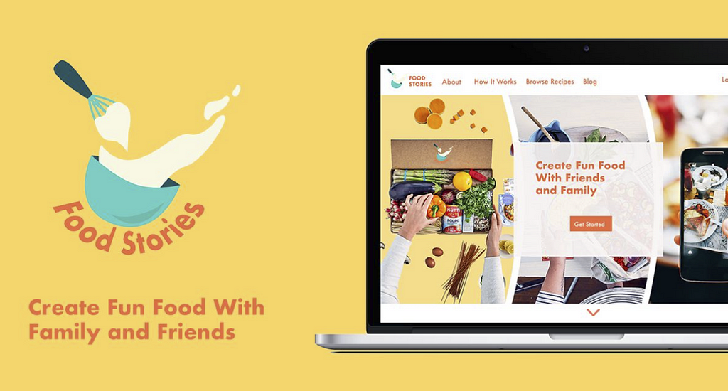 Text: Food Stories, Create Fun Food With Family and Friends. To the right, a mockup of the Food Stories website.