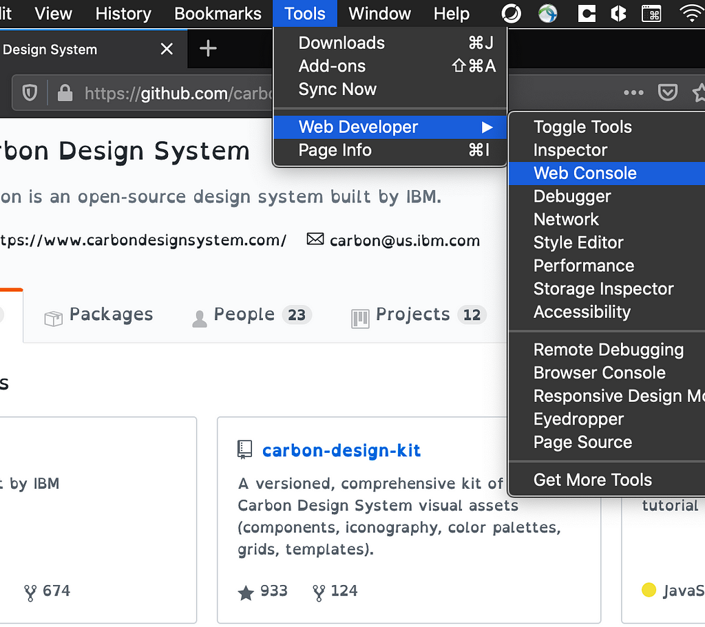 Screenshot of Tools Menu in Firefox. Open Tools then Web Developer, then select any of the options.