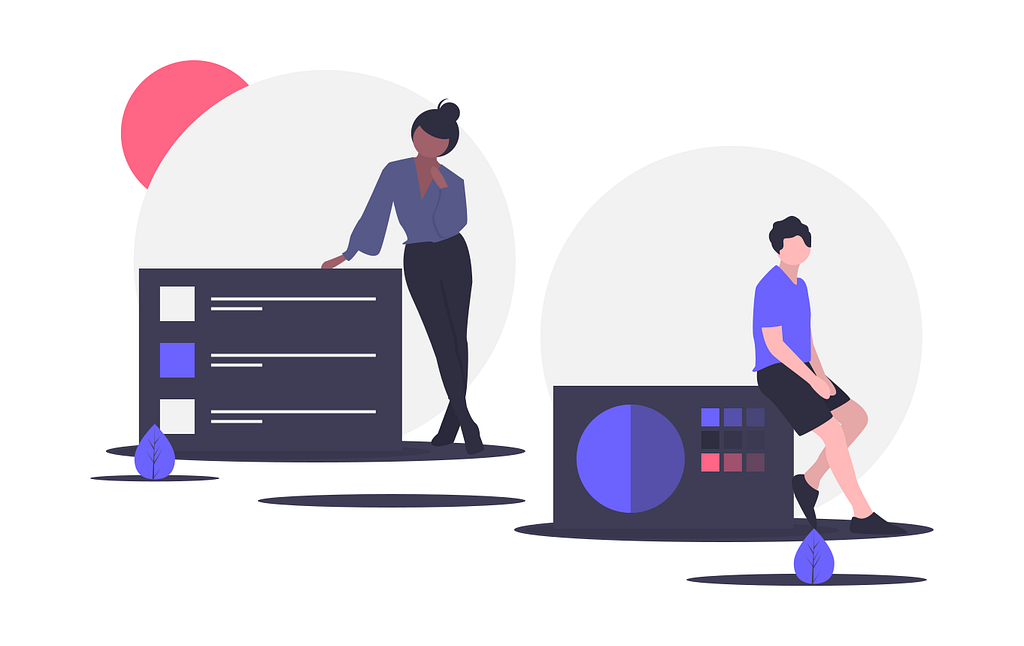 A vector illustration of a female user researcher and a male product designer.