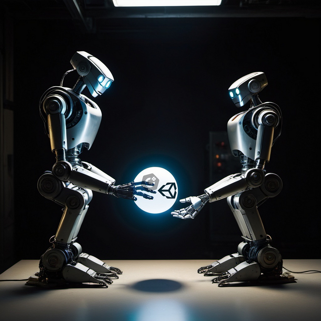 two robots stand in a dark room. one robot hands another a glowing sphere containing the unity 3d logo and the c# programming language logo