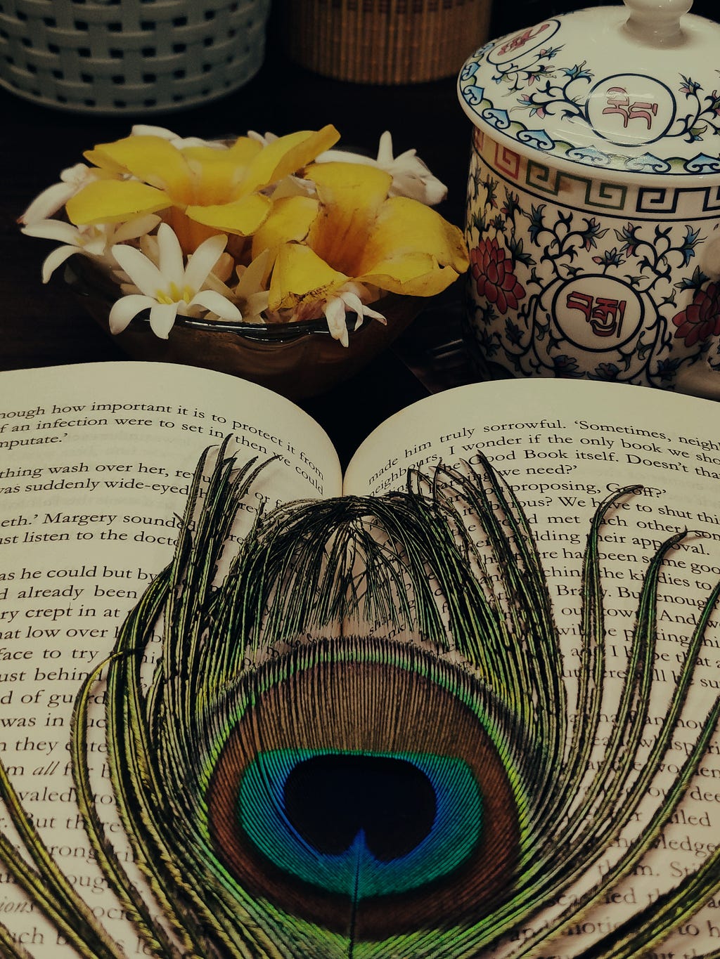 A close-up shot of an open book (“The Giver of Stars by Jojo Moyes” ) with a peacock feather used as a book mark. It is in the middle and covers most of the text. On top of the book, there is a flower arrangement and a cup of tea.