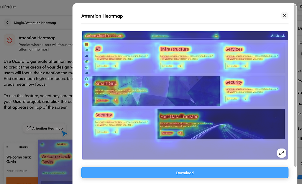 Uizard’s UI, showing the generated attention heatmap for a landing page. A button allows to download the generated heatmap screen.