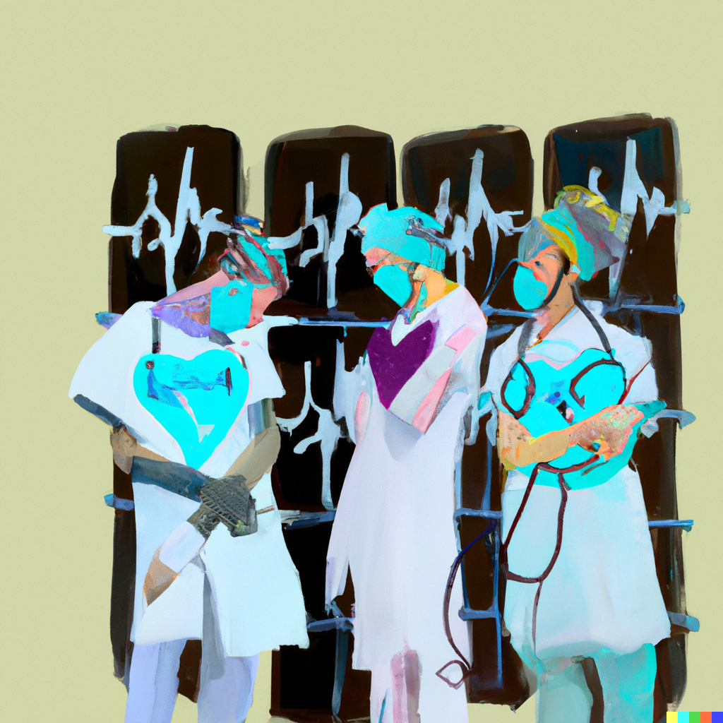 digital art depicting 3 healthcare workers in scrubs and masks, standing in dejected poses, but with bright hearts painted on their chests, in front of a background of black windows with gray lines in the pattern of EKG tracings on them