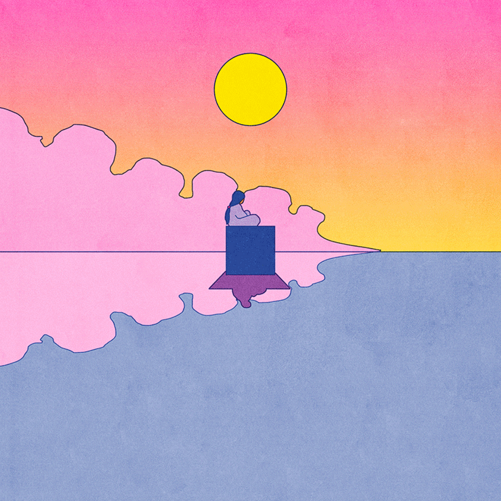 A person sitting on a box in the centre of the drawing with a pink cloud and yellow sun in the background. It looks as if they are sitting on the water, which makes it look like a fairytale.