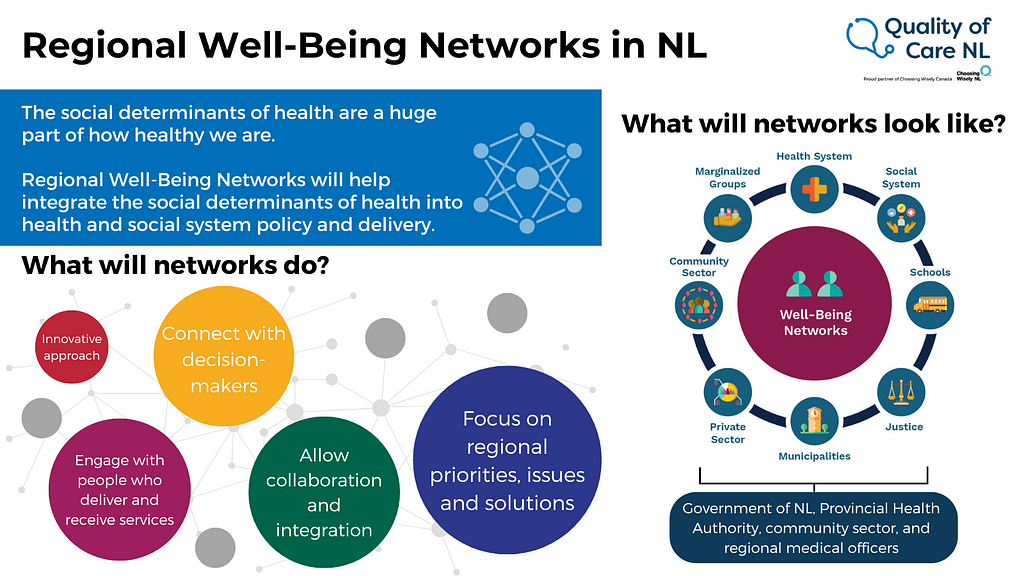 Infographic titled Regional Well-Being Networks in NL