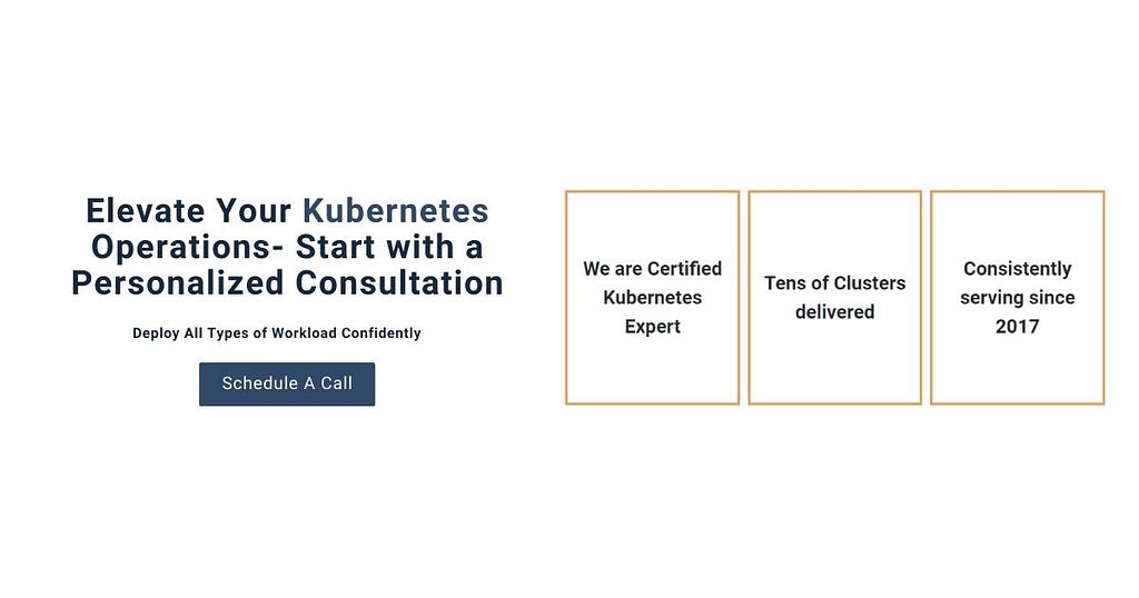 Promotional banner for Kubernetes consultation services, featuring the message ‘Elevate Your Kubernetes Operations — Start with a Personalized Consultation’ with a call-to-action button labeled ‘Schedule A Call’. Highlights include ‘We are Certified Kubernetes Expert’, ‘Tens of Clusters delivered’, and ‘Consistently serving since 2017’.