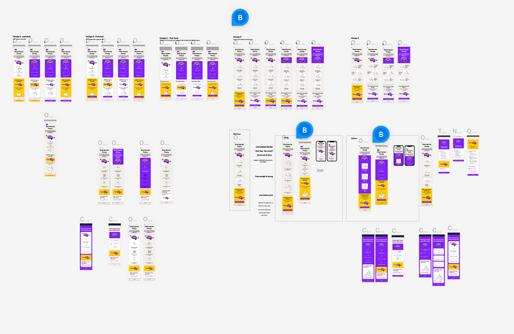 Screenshot of a design canvas showing various mobile screens.