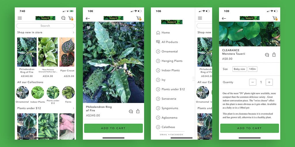 4 screenshots of different screens from the Nursery 2 U app, showing the home page, an individual plant page, the hamburger navigation, and some details about a plant with an add to cart button.