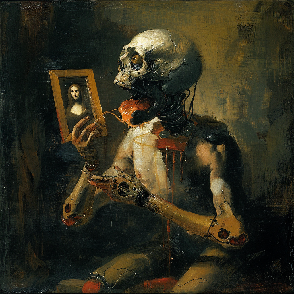 An artwork in the style of Francisco Goya depicting an eerie, humanoid android with a skeletal face holding a portrait of the Mona Lisa. The scene has a dark and haunting atmosphere, reflecting themes of artificial intelligence and the intersection of technology with human culture and art.