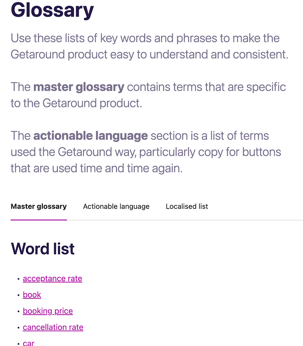 A screenshot from Getaround’s glossary. Including a master glossary of terms, an actionable language list, and a localised list