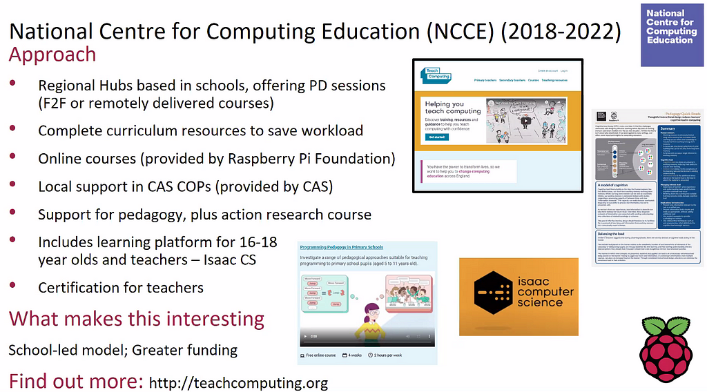 Slide summarizing approach of National Centre for Computing Education with link to http://teachcomputing.org to learn more.