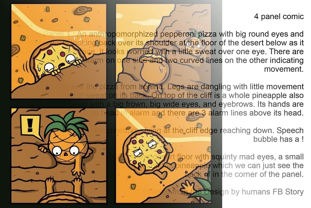 A meme with a gradient that reveals its descriptive text: The descriptive text from the Facebook group Memes and Jokes for Blind Folks reads: 4 panel comic Panel 1 : An anthropomorphized pepperoni pizza with big round eyes and eyebrows is looking back over its shoulder at the floor of the desert below as it grasps onto a cliff face. It looks worried with a little sweat over one eye. There are 3 lines indicating alarm on — Apologies, Medium has an alt-text character limit of 500 characters.