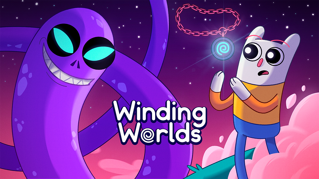 Winding Worlds key art that contains Willow looking at a floating necklace with a scary giant worm or snake next to her