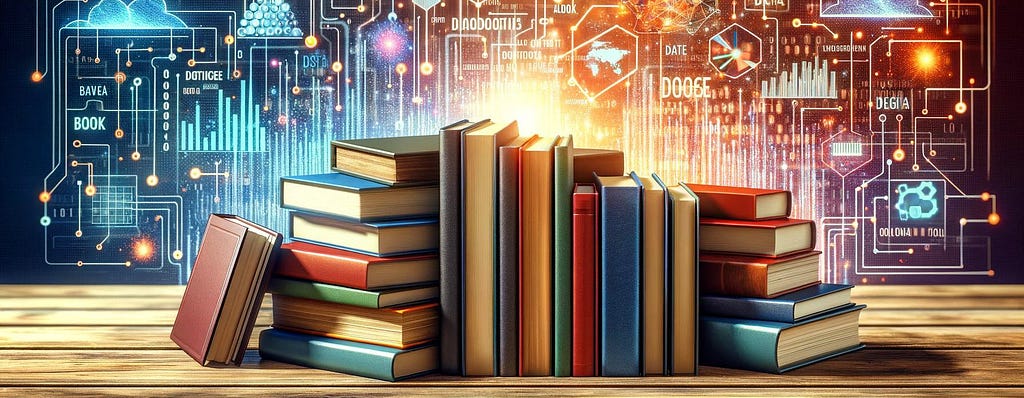 colorful graphic of books with a data science inspired background