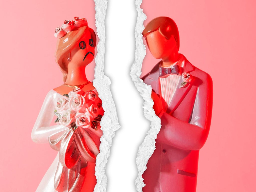 A graphic shows a ripped-up wedding image.