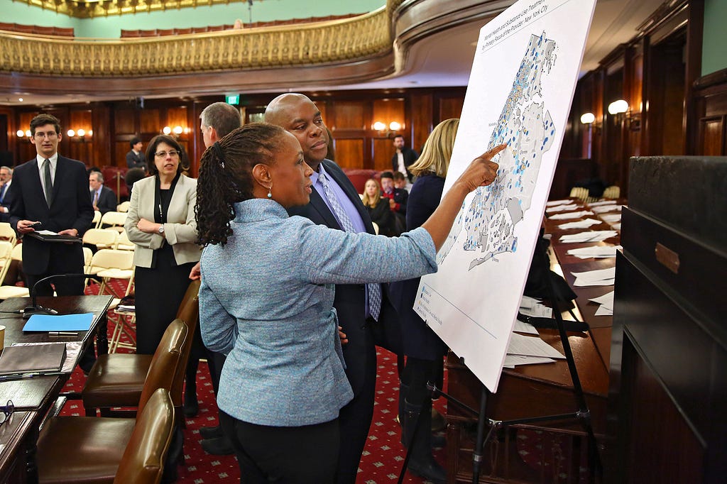 Chirlane McCray, former New York City first lady, and Richard Buery, a former deputy mayor, discuss the mental health initiative, ThriveNYC, during a 2016 city council committee meeting. Photo by Chang W. Lee/The New York Times/Redux