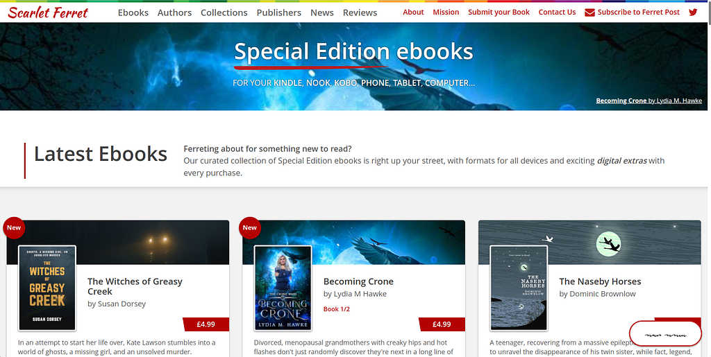 A screenshot of the ScarletFerret.com home page with a blue-toned banner across the top that states Special Edition Ebooks, a subtitle below that states Latest Ebooks, and listings for three of the latest ebooks — The Witches of Greasy Creek by Susan Dorsey; Becoming Crone by Lydia M Hawke; and the Naseby Horses by Dominic Brownlow.