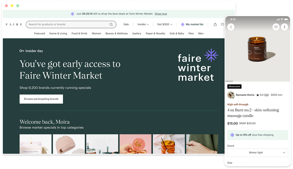 Two screens showing the Faire Winter Market experience — one for desktop with a dark green background, and one for the mobile experience showing a candle for sale with “Up to 15% off plus free shipping” messaging.
