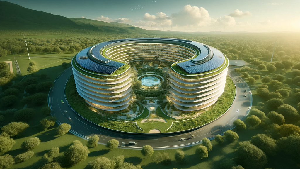 In a green paradise, a corporate office building’s solar panels gleam in the sun. 7 Stories high and shaped like a letter C, it has hanging gardens on every floor with a fresh water pond in the courtyard of the interior of the structure.