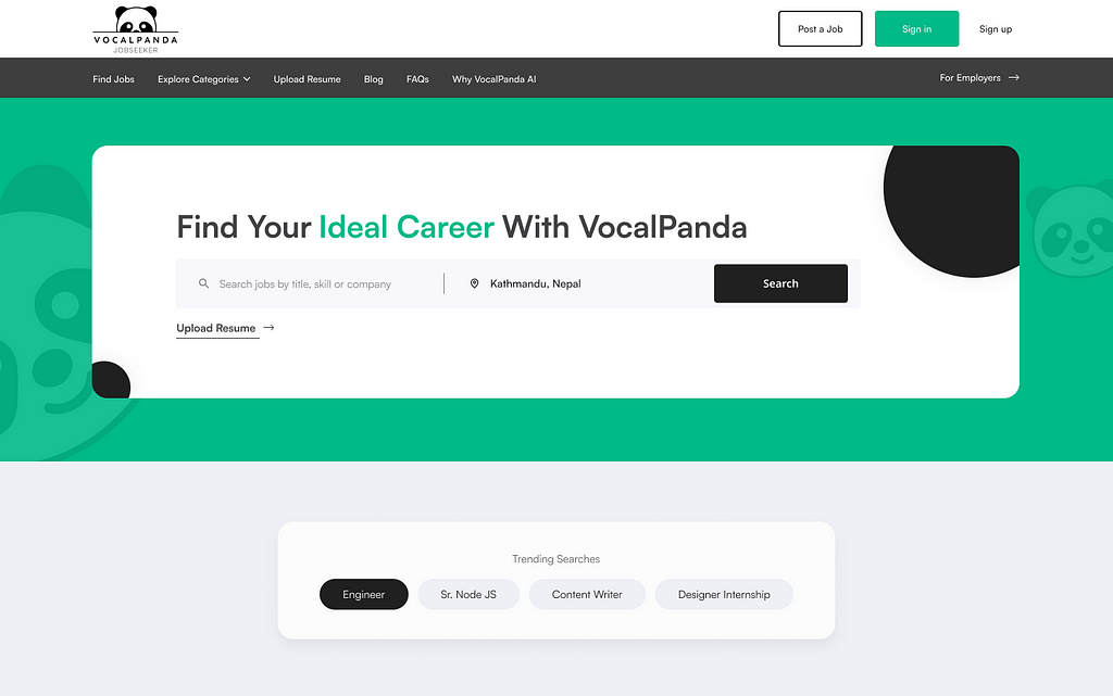 Image of Landing page of Job portal named Vocalpanda