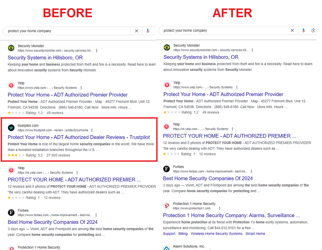 before and after trustpilot business profile removal (de-index)
