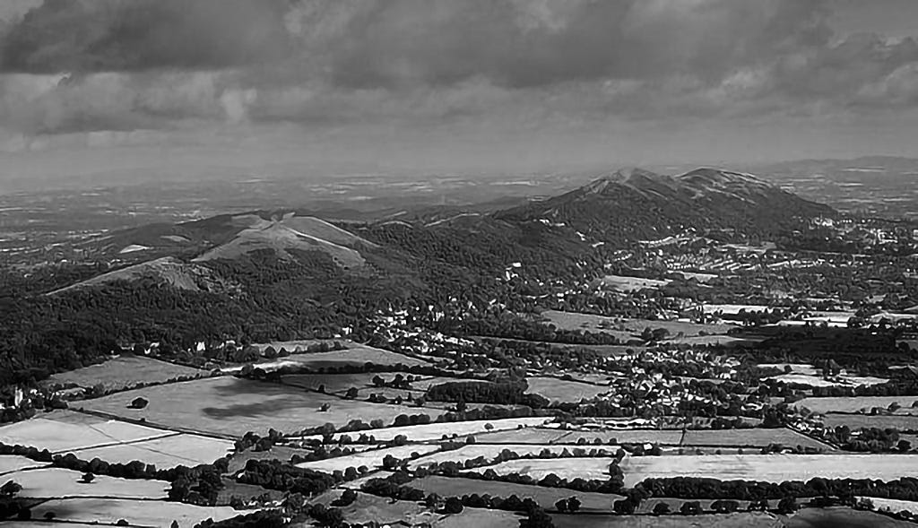 A view of Malvern Hills in Worcestershire, England from the air.