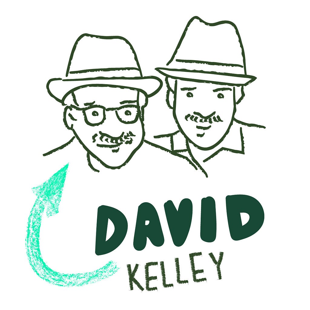 Sketch of IDEO’s Kelley twins, arrow point to David Kelley, the brother with hat and glasses