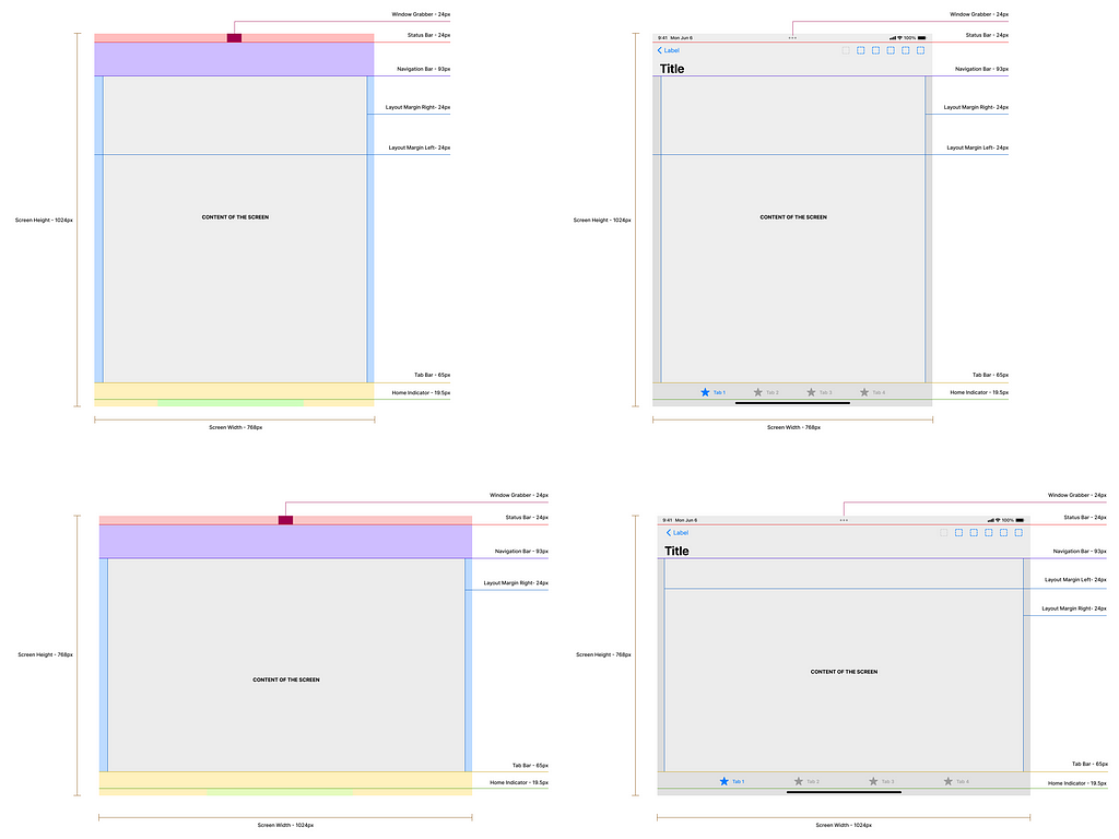 iPadOS User Interface layout guidelines for an iPad with a tab bar; Top — Portrait Tab Bar; Bottom — Landscape Tab Bar