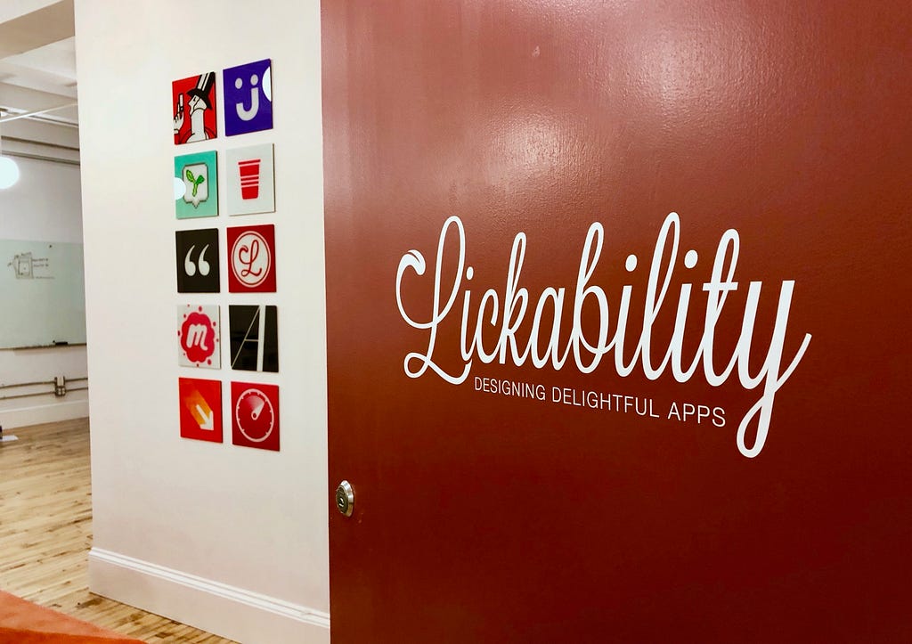 Lickability’s office with the door opening to reveal the apps we’ve made.