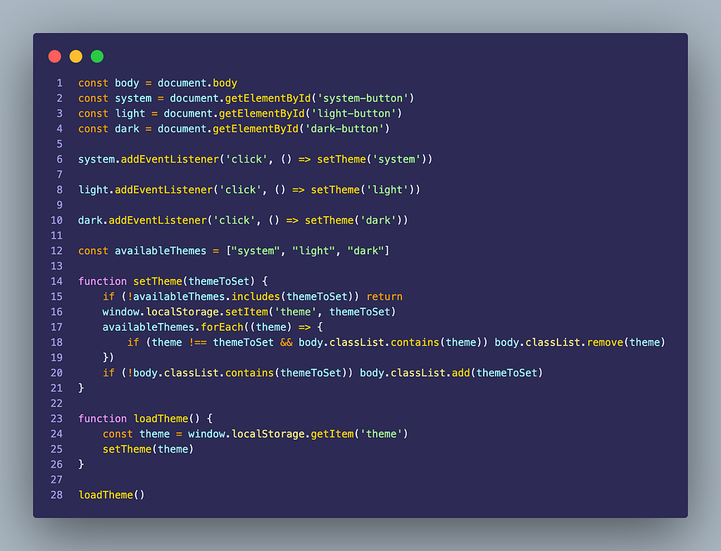 JavaScript code for our theme selector.