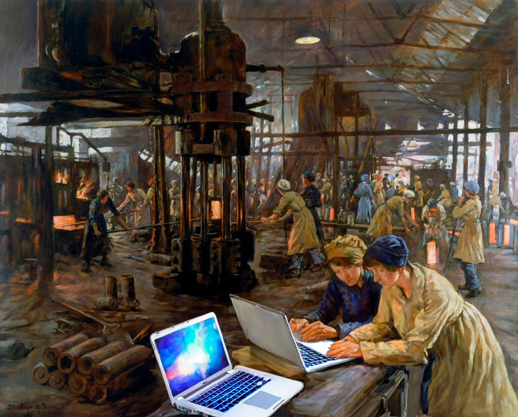 A 20th century picture of women working in industry with new laptops