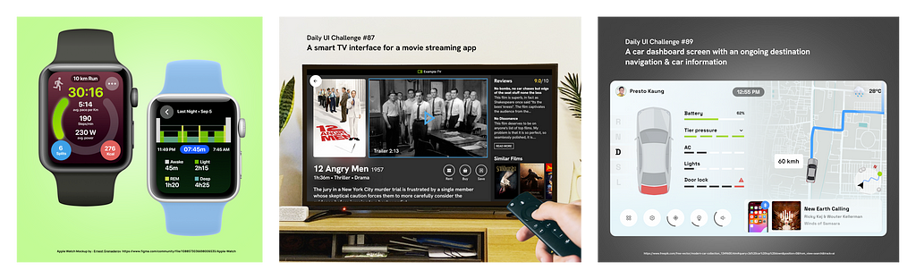 Three pictures side by side. First picture shows apple watch design, second a smart TV and third a card dashboard UI.