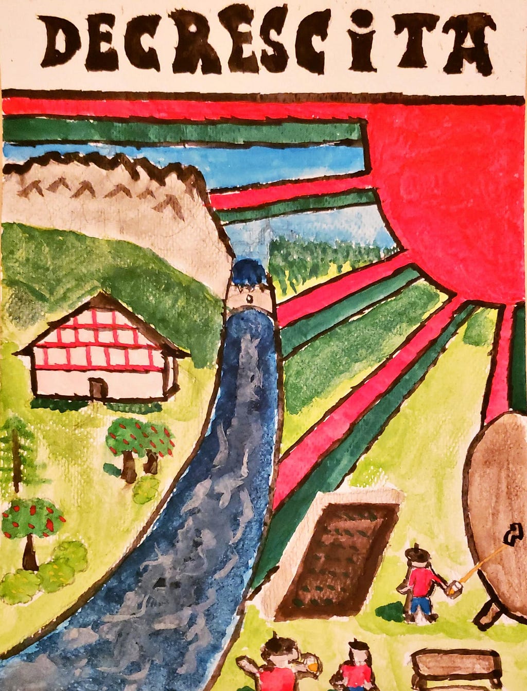 A Basque-themed painting of a landscape, featuring the natural environment, a traditional Basque farmhouse, and three villagers (wearing Basque hats) enjoying local sidra.