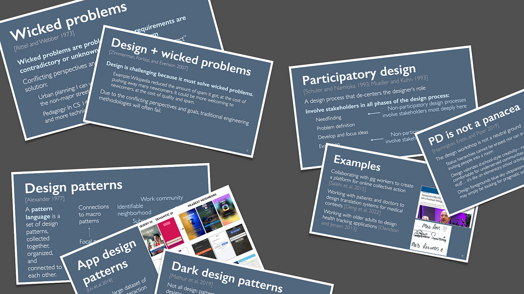 Slides titled, “Wicked problems” “Design+wicked problems” “Design patterns” “App design patterns” “Dark design patterns” “Participatory design” “Examples” “PD is not a panacea”
