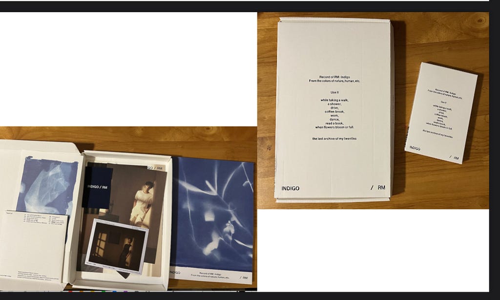 Two images: The first is an open Indigo album with photocards, and pictures. The second picture is the Indigo album and small postcard set.
