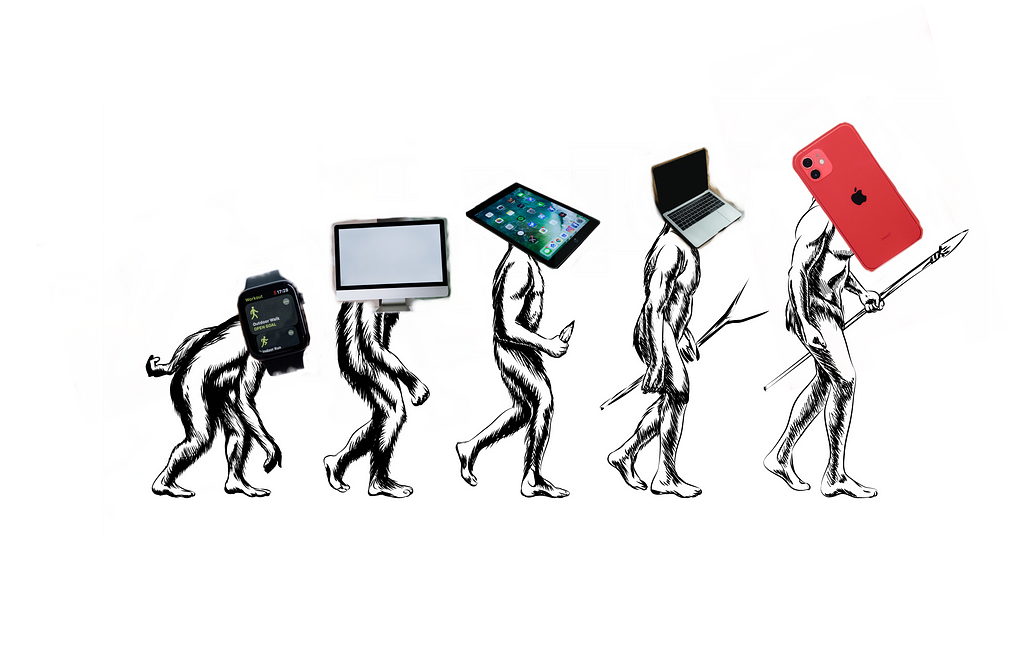 The development of apple devices over time, superimposed on a stereotypical depiction of human evolution.