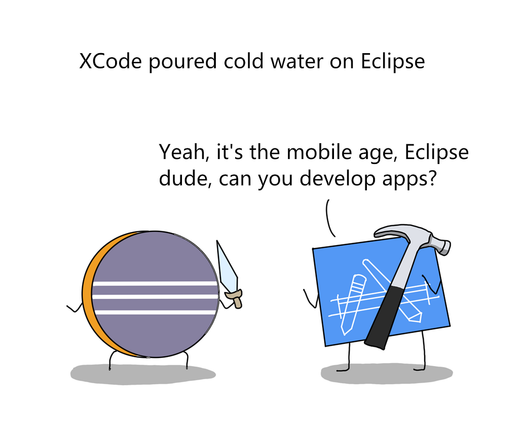 xcode poured cold water on eclipse.
 
 xcdode — it’s the mobile age. eclipse dude, can you develop apps?