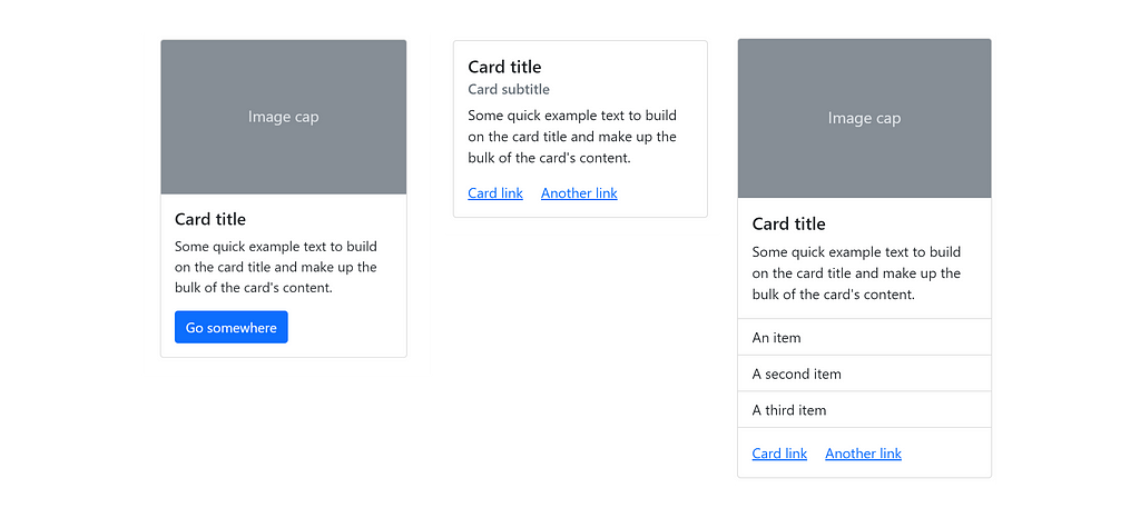 Three cards with varying amounts of information