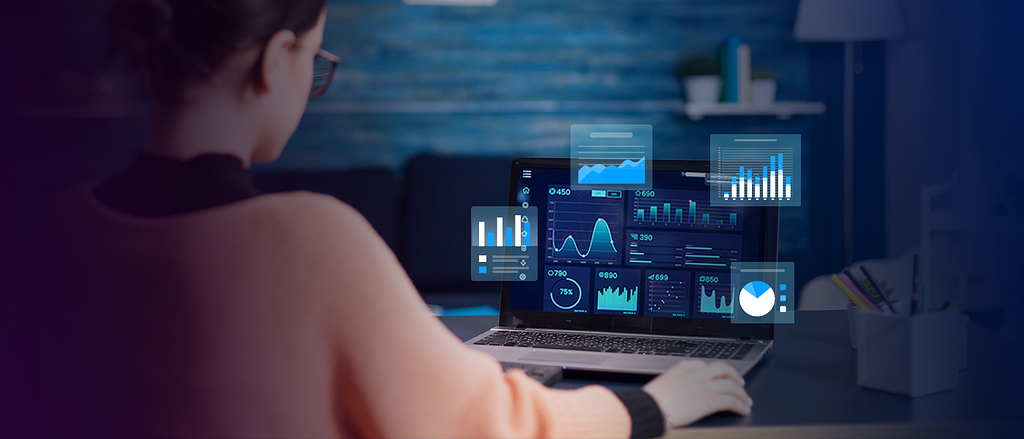 A photo shows a girl seated in front of a laptop, learning data science and AI through a course. The laptop screen displays different graphs like ‘bar graphs’, ‘column graphs’, ‘area stacked graphs’, pie charts’ and ‘line graphs’ with insights.