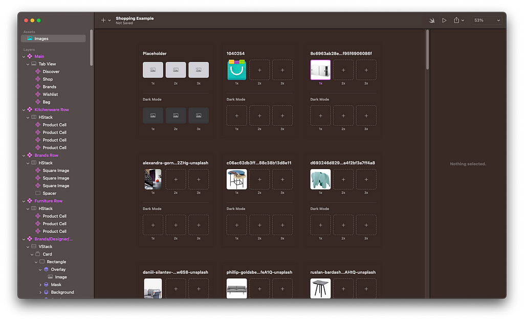 A screen shot of Judo v2.2 in dark mode, showing the image asset manager