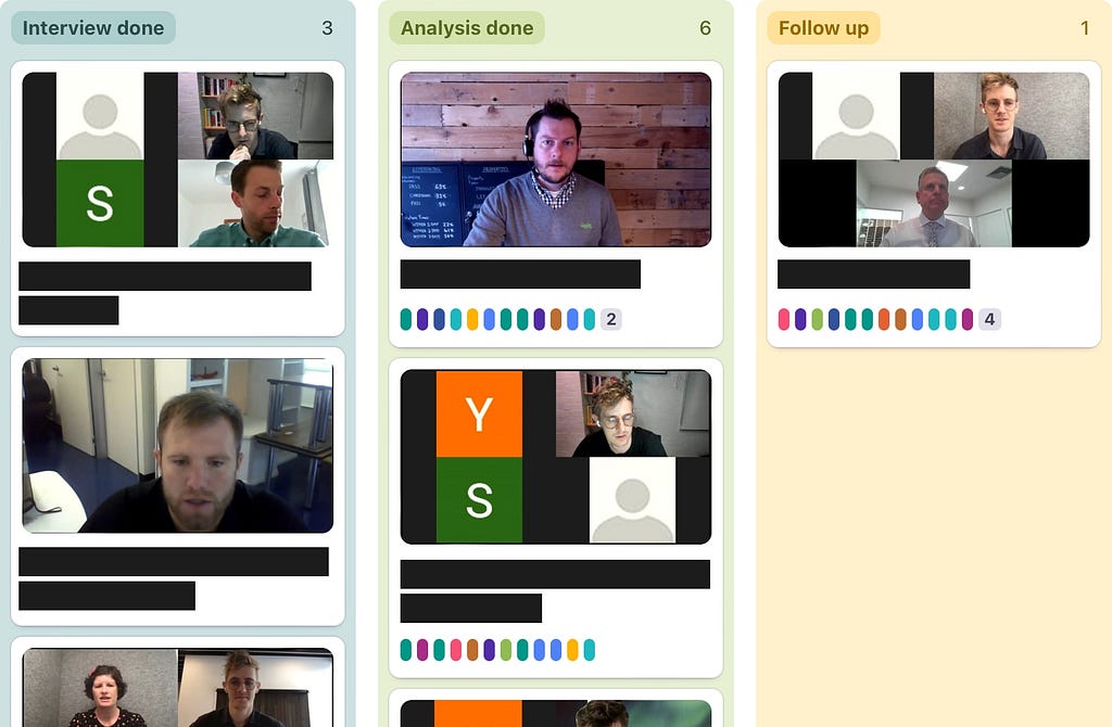 A screenshot of a kanban board showing recordings of user interviews at various stages
