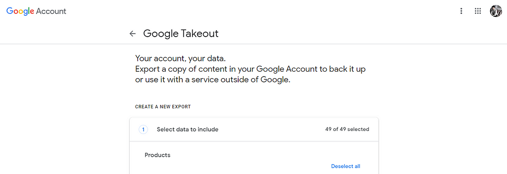 Snap of my Google Takeout dashboard