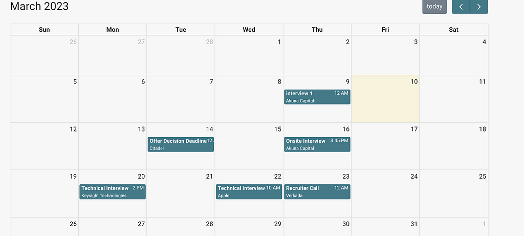 A calendar allowing users to keep track of their interviews, deadlines, and much more.