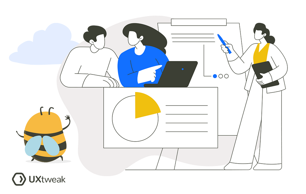 An illustration of a data analysis team presenting insights, with characters representing researchers, analysts, and a presenter showcasing visualizations and findings to the team.