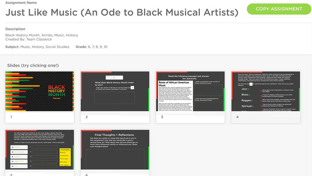 A screenshot of a Classkick assignment with multiple pages detailing some of the most famous Black musical artists.